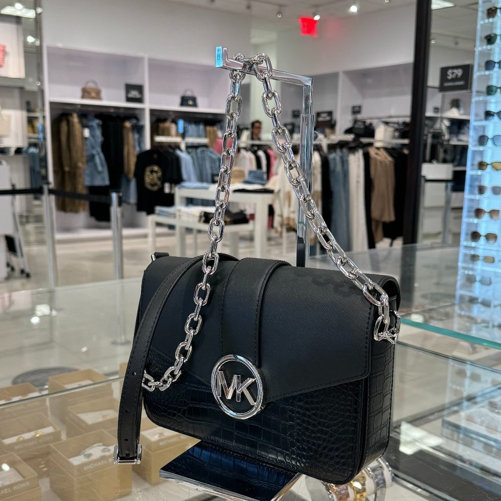 Michael Kors Carmen MD Flap Shoulder Chain Crossbody Bag Embossed Black/Silver - Picture 4 of 8